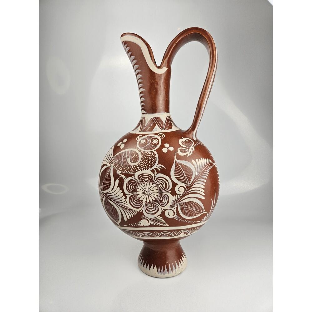 Vintage Hand Painted‎ Artisan Clay Pitcher w/Owls, Flowers And Foliage